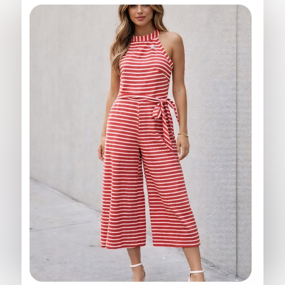 Fun Striped Women's Jumpsuit Sz L, Linen Cotton, Wide Leg, Easter, Church, Party